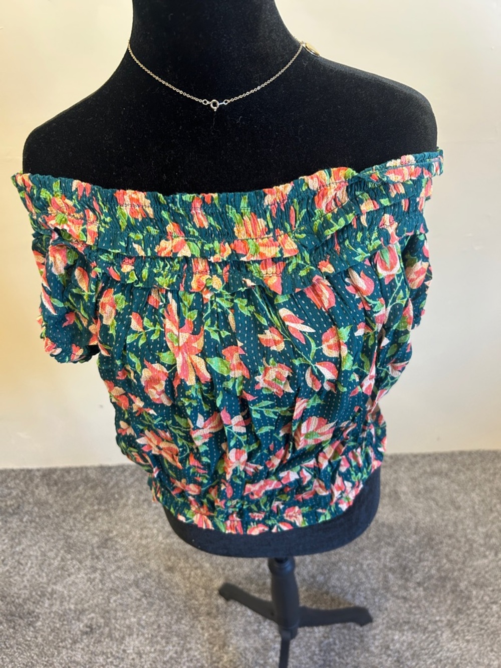 Free People Teal Floral Off-Shoulder Smocked Crop Top
